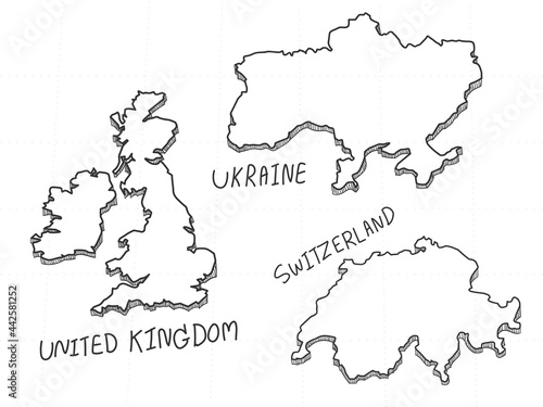 3 Europe 3D Map is composed Switzerland, Ukraine and United Kingdom. All hand drawn on white background.