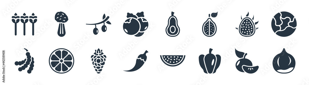 fruits filled icons. glyph vector icons such as chestnut, paprika, chili, tamarind, pitaya, olives, avocado, celery sign isolated on white background. fruits filled icons. glyph vector icons such as chestnut, paprika, chili, tamarind, pitaya, olives, avocado, celery sign isolated on white background.