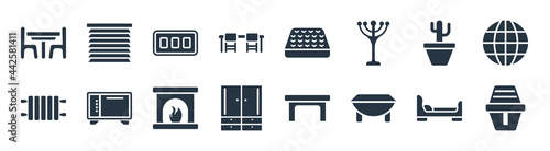 furniture and household filled icons. glyph vector icons such as dehumidifier, gateleg table, cupboard, heating, cactus, card table, mattress, window coverings sign isolated on white background.