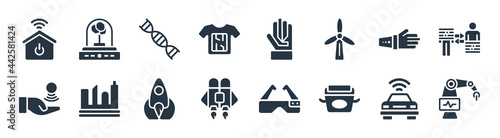 future technology filled icons. glyph vector icons such as surgery, cooker, jetpack, telekinesis, robot arm, dna structure, wi gloves, incubator sign isolated on white background.