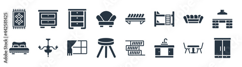 furniture filled icons. glyph vector icons such as wardrobe, kitchen sink, stool, bed, sofa, dresser, bookshelve, bedside table sign isolated on white background.