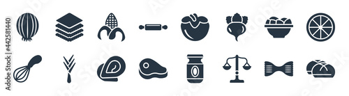 gastronomy filled icons. glyph vector icons such as bun, scales, steak, whisk, nachos, corncob, persimmon, lasagne sign isolated on white background.