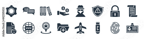 gdpr filled icons. glyph vector icons such as id card, pendrive, medical record, complaint, keylock, documentation, detective, communications sign isolated on white background.