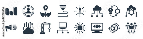 general filled icons. glyph vector icons such as hr strategy, computer vision, bpm, agitation, implementation, energy efficiency, digital strategy, direct marketing sign isolated on white