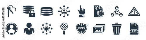 gdpr filled icons. glyph vector icons such as text file, photo, transparency, account, cooperation, data storage, finger, data protection sign isolated on white background.