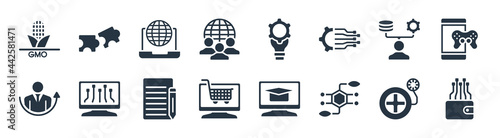 general filled icons. glyph vector icons such as digital banking, bio technology, ecommerce platform, hr manager, data engineering, information technology, fintech innovation, compatibility sign