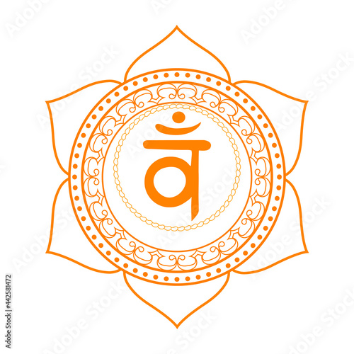Line drawing.The second Swadhisthana chakra with the Hindu Sanskrit seed mantra Vam . Orange is a flat-style symbol for meditation, yoga. vector