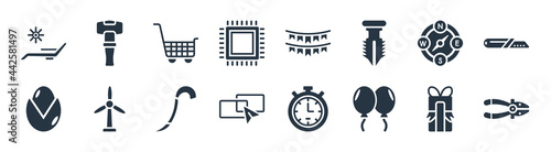 general filled icons. glyph vector icons such as nippers, floating balloons, live paint, nuts, compass pointing south east, shopping trolley, party decoration, sledgehammer sign isolated on white