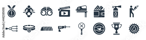 general filled icons. glyph vector icons such as save water badge, go badge, perforator, balancer, fire estinguisher, binocular, fretsaw, poverty sign isolated on white background.