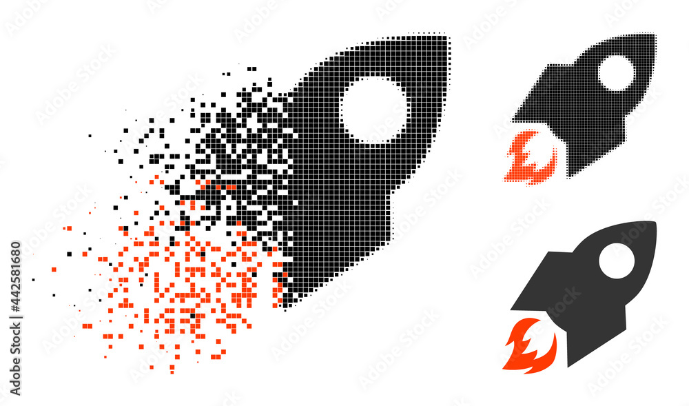 Dispersed pixelated rocket flight icon with halftone version. Vector ...