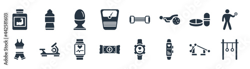 gym and fitness filled icons. glyph vector icons such as rings exercises, sport watch, energy snack, female sportwear, pill and tablet, fitness food, chest expanders, isotonic sign isolated on