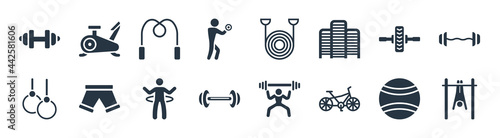 gym and fitness filled icons. glyph vector icons such as exercise hang bar, riding bicycle, exercising dumbbell, gymnastic rings, fitness wheel, skipping rope, exercise bands, exercise bike sign