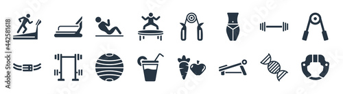 gym and fitness filled icons. glyph vector icons such as headgear, simulator for press, vegetables juice, athletic strap, barbell weightlifting, abdominal exercises, sport expander, running machine