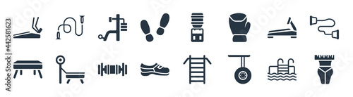gym and fitness filled icons. glyph vector icons such as waist, tire, sneakers, buck, treadmill machine, gym station, water machine, jumping rope sign isolated on white background.