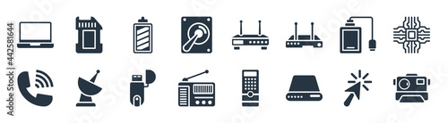 hardware filled icons. glyph vector icons such as polaroid camera, local disk, fm radio, phone receiver with, external hard drive, recharge, modem with two antenna, flash card sign isolated on