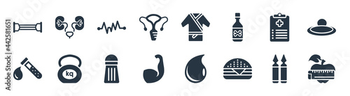 health filled icons. glyph vector icons such as nutrition, fast food, biceps, blood, medical checklist, pulse, patient robe, urology sign isolated on white background.