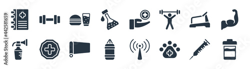 health and medical filled icons. glyph vector icons such as urine, veterinary, punching bag, breast pump, treadmill, food, health care, gym sign isolated on white background.