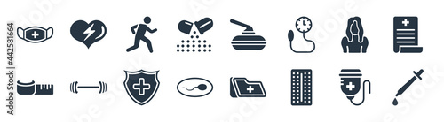 health and medical filled icons. glyph vector icons such as pipette, contraceptive pills, sperm, measure tape, girl, exercise, curling, defibrillator sign isolated on white background.