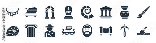 history filled icons. glyph vector icons such as archaeological, old paper, viking ship, stone, ancient jar, ancient, fossil, cart sign isolated on white background.