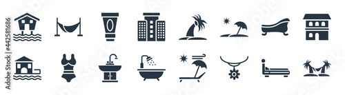 holidays filled icons. glyph vector icons such as hammock relaxing, flower necklace, bathing, beach house, bathtube, sunscreen bottle, palm trees, hammocks sign isolated on white background.