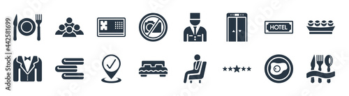 hotel filled icons. glyph vector icons such as cutlery, five stars, beds, suits, hotel, safe, valet, people sign isolated on white background.