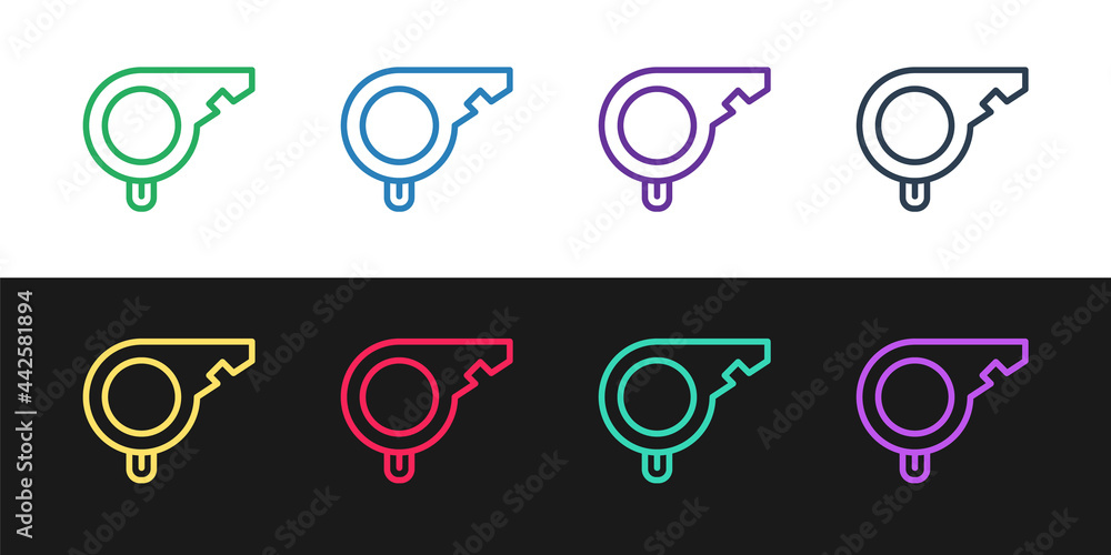 Set line Whistle icon isolated on black and white background. Referee symbol. Fitness and sport sign. Vector Set line Whistle icon isolated on black and white background. Referee symbol. Fitness and sport sign. Vector