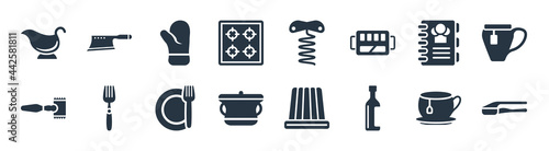 kitchen filled icons. glyph vector icons such as garlic press, wine bottle, saucepan, meat tenderizer, recipe book, kitchen mitten, corkscrew, cleaver sign isolated on white background.