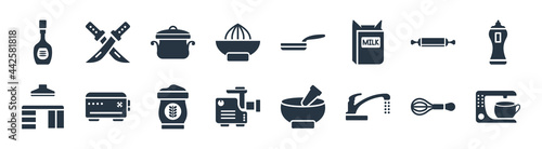 kitchen filled icons. glyph vector icons such as coffee machine, kitchen tap, meat grinder, kitchen cabinet, rolling pin, cooking pot, pan, knives sign isolated on white background.