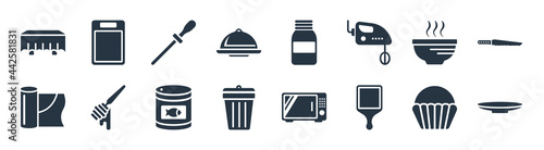 kitchen filled icons. glyph vector icons such as saucer, kitchen board, trash, aluminum foil, soup bowl, knife sharpener, jar, chopping board sign isolated on white background.