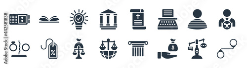 law and justice filled icons. glyph vector icons such as criminal law, bribery, diplomacy, divorce, prisoner, intellectual property, death certificate, criminal record sign isolated on white