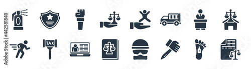 law and justice filled icons. glyph vector icons such as corporative law, murder, labour and social law, escape, counsel, violence, child custody, police badge sign isolated on white background.
