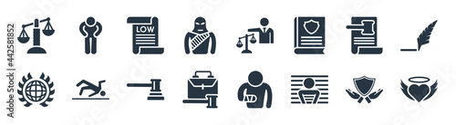 law and justice filled icons. glyph vector icons such as innocent, criminal, employment law, international law, paper, scroll with advocate, guilty sign isolated on white background.
