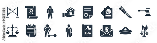 law and justice filled icons. glyph vector icons such as environmental law, crime letter, employment, justice scale, butterfly knife, bankruptcy, contract law, legal paper sign isolated on white