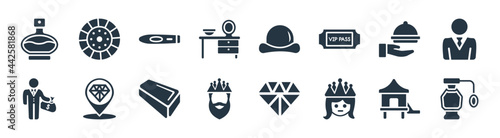 luxury filled icons. glyph vector icons such as fragrance, princess, king, rich people, serving, cigar, bowler hat, clutch sign isolated on white background.