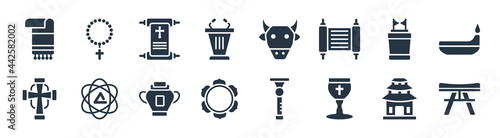 religion filled icons. glyph vector icons such as shrine, communion, hinduism, christian, ark of the convenant, holy scriptures, sac cow, rosary sign isolated on white background.