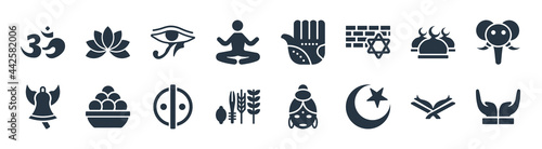 religion filled icons. glyph vector icons such as faith, islam, four species, standing bell, abrahamic, eye of ra, henna painted hand, buddhism sign isolated on white background.