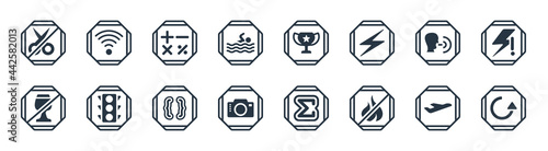 signs filled icons. glyph vector icons such as turn, coffee shop, camera, no drinks, shout, mathematical, classroom cup, wireless network sign isolated on white background.