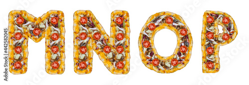 The letters M, N, O, P are made of pizza