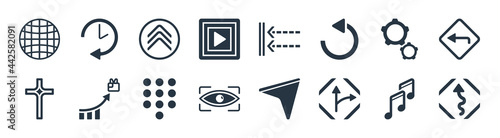 user interface filled icons. glyph vector icons such as curve arrow, deviation arrows, eye close up visibility button, cross, settings cogwheel button, up chevron, slim right, circular arrow clock