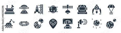astronomy filled icons. glyph vector icons such as earth and moon, voyager, extraterrestrial, space robot, lander, spaceport, space station, little extraterrestial sign isolated on white