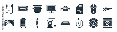 electronic devices filled icons. glyph vector icons such as furnace, sound cable, electric blanket, game console, mouse, crock-pot, projector, convection oven sign isolated on white background.