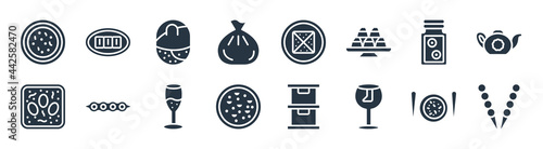 food and restaurant filled icons. glyph vector icons such as tanghulu, brittle, kung pao chicken, soy eggs, cookies jar, doguinho, dongpo pork, char siu sign isolated on white background.