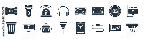 electronic devices filled icons. glyph vector icons such as smoke detector, jack, laser machine, garbage disposal, operating system, burglar alarm, sound card, trimmer sign isolated on white