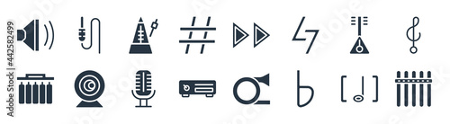 music filled icons. glyph vector icons such as panpipe, flat, amplifier, chimes, balalaika, metronome, skip, jack connector sign isolated on white background.