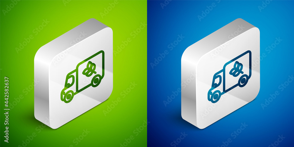 Isometric line Flour truck icon isolated on green and blue background. Silver square button. Vector Isometric line Flour truck icon isolated on green and blue background. Silver square button. Vector