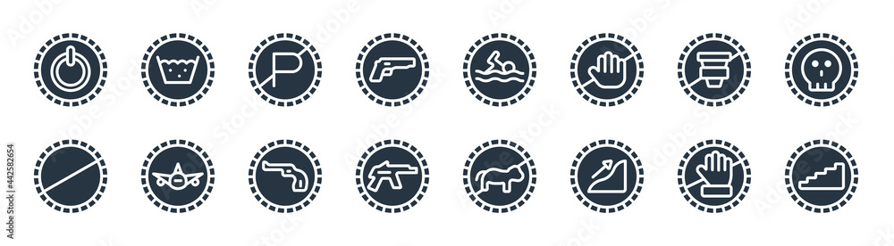 signs filled icons. glyph vector icons such as stairs, slope, weapon, forbidden, no drinks, no parking, swimming, washing sign isolated on white background.