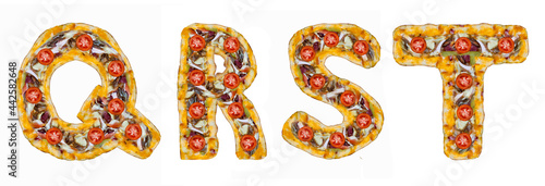 The letters Q, R, S, T are made of pizza