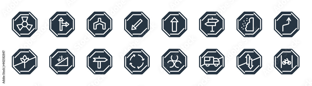 traffic signs filled icons. glyph vector icons such as cycle lane, no trucks, circular intersection, no picking flowers, falling rocks, end of way, straight, intersection sign isolated on white traffic signs filled icons. glyph vector icons such as cycle lane, no trucks, circular intersection, no picking flowers, falling rocks, end of way, straight, intersection sign isolated on white
