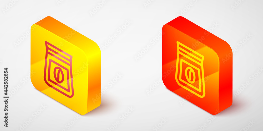 Isometric line Bag of coffee beans icon isolated on grey background. Yellow and orange square button. Vector Isometric line Bag of coffee beans icon isolated on grey background. Yellow and orange square button. Vector
