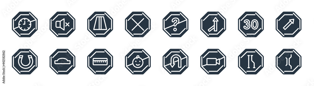 traffic signs filled icons. glyph vector icons such as narrow lane, no video, no children, magnetic field, speed limit, highway, no doubt, sound sign isolated on white background. traffic signs filled icons. glyph vector icons such as narrow lane, no video, no children, magnetic field, speed limit, highway, no doubt, sound sign isolated on white background.